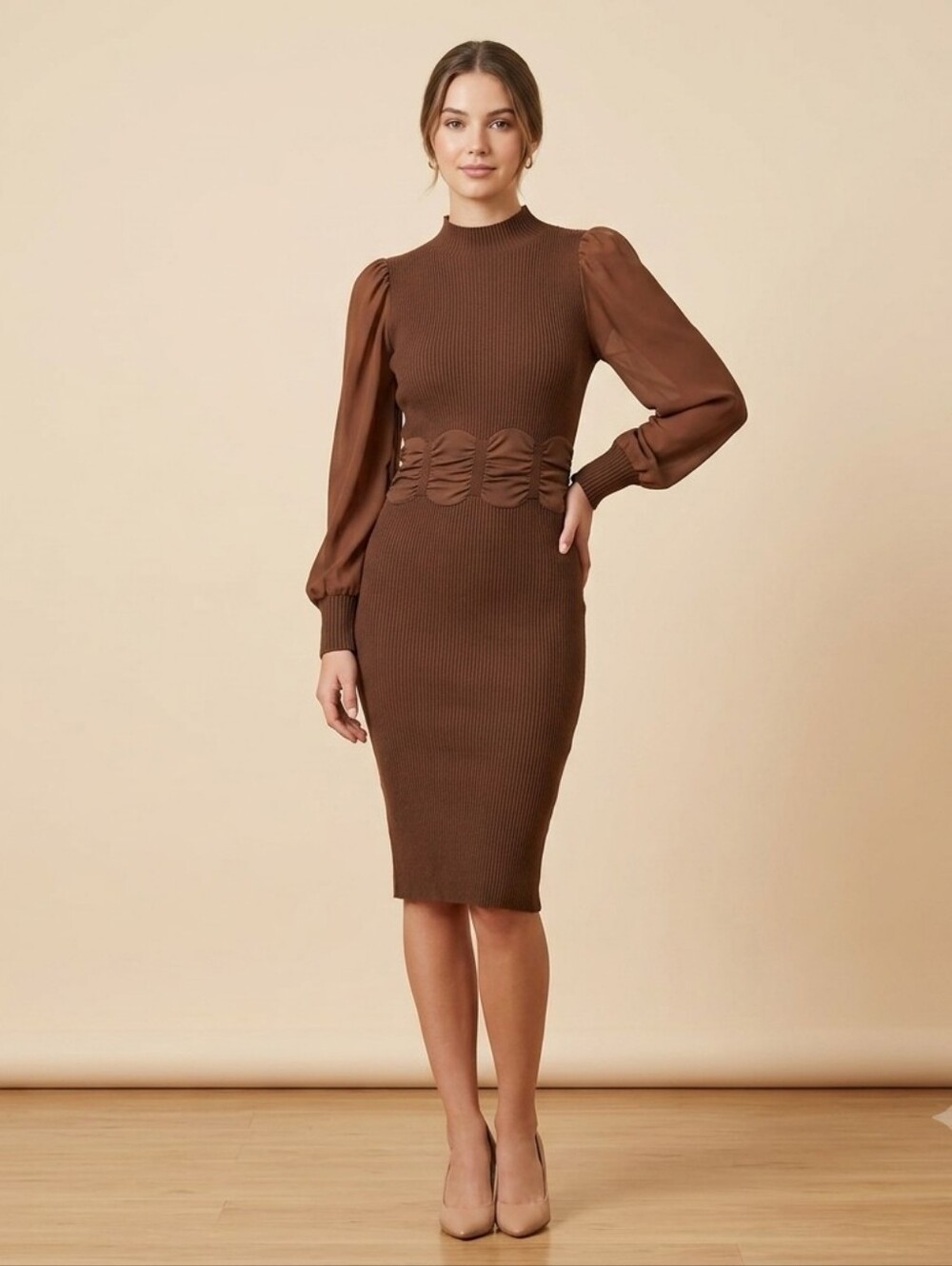 Almost Famous Brown Ribbed Knit Midi Bodycon Dress Puff Sleeve Ruched Waist Sz S